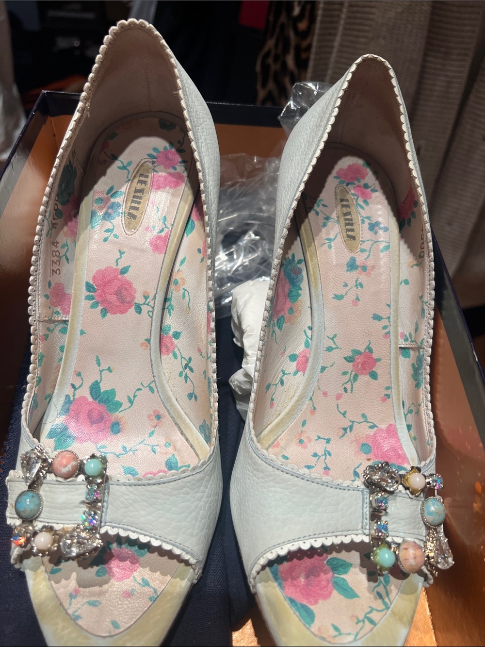 Decorative Mint Slide Heels with Gemstone Buckle - Women